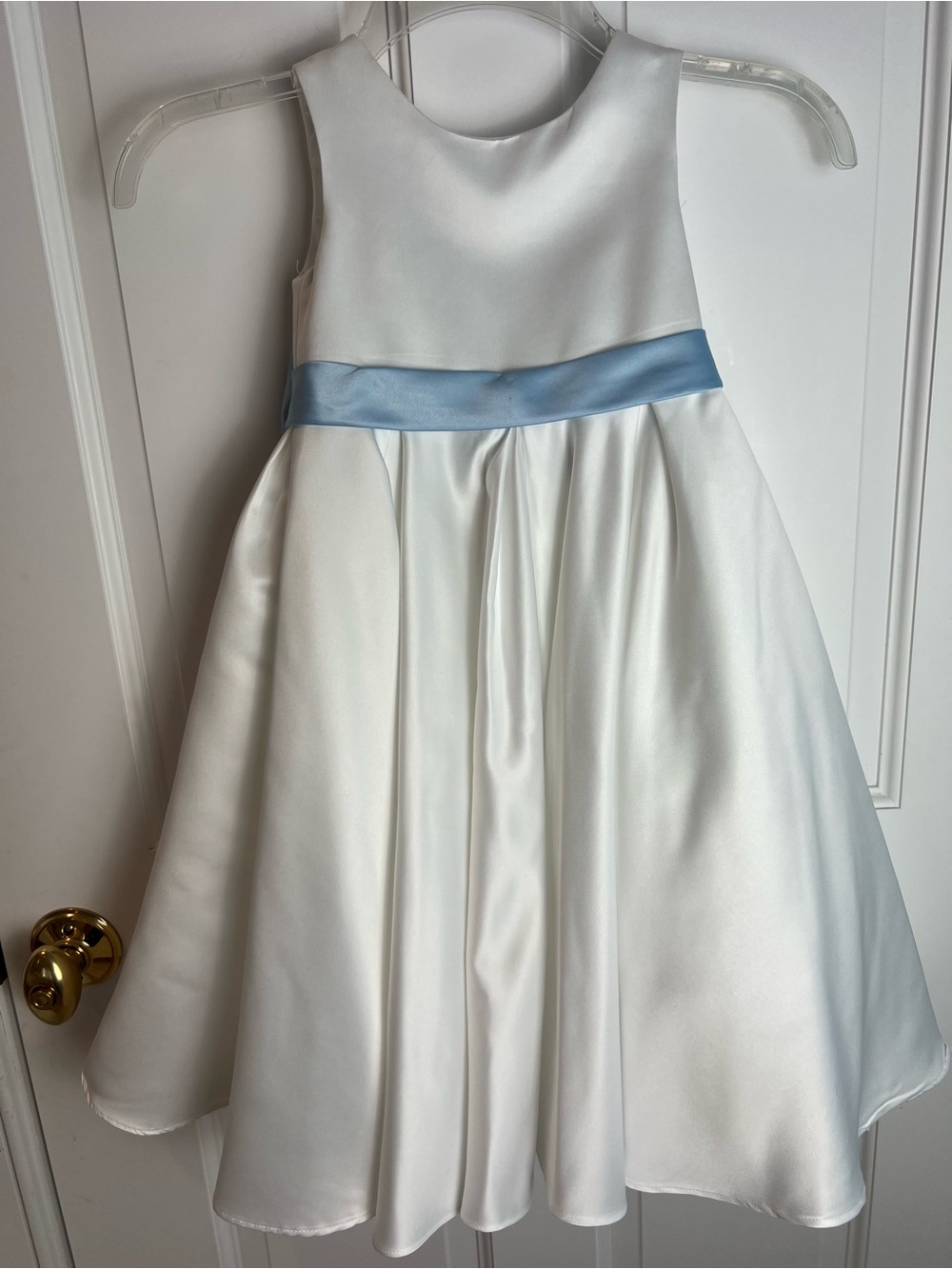 White Satin Flower Girl Dress with Light Blue Sash and Detachable Large Bow in B